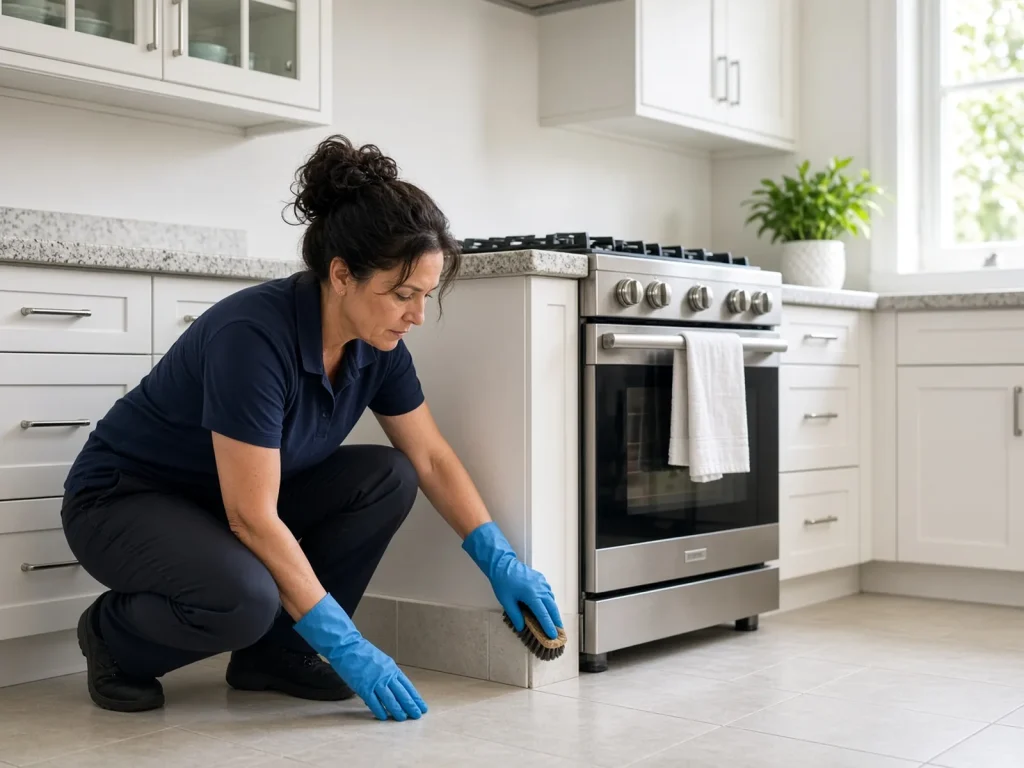Cleaner in gloves deep cleaning beside a kitchen range (illustrative image)
