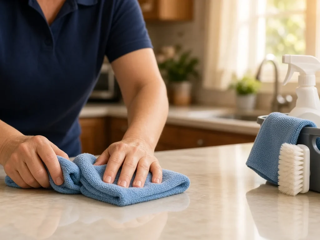 Close-up of hands wiping a counter beside a cleaning-supplies caddy (illustrative image)