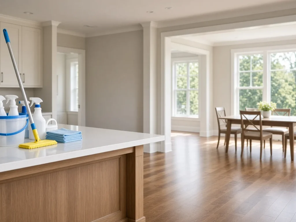 Empty, bright home with a mop and bucket ready for a move-out clean (illustrative image)
