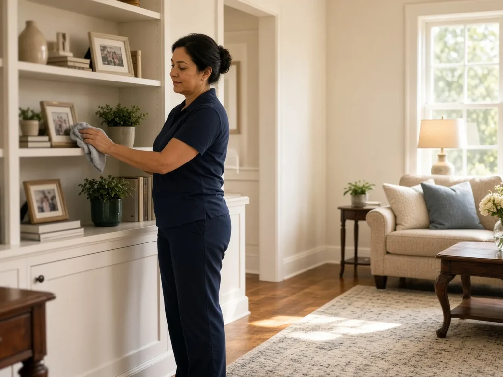 Cleaner dusting shelves in a tidy living room (illustrative image)